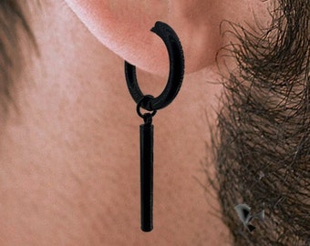 Black Feather and Chain, Earring, Mens Earrings, Black Bar
