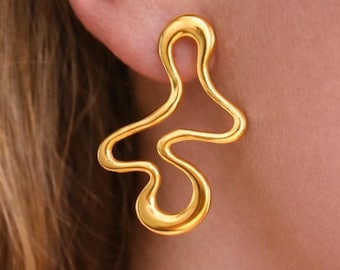 Gold Abstract Statement Earrings, Chunky Modern Earrings, Bold Sculptural Earrings, Minimalist Gold Earrings, Unique Jewellery Gift for Her