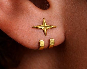 Gold Star Stud Earrings with Wrap Cuff, Stainless Steel Waterproof Earrings, Minimalist Star Earrings, Mens Womens Ear Wrap Studs, Gift A478