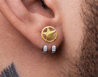 Mens Star Stud & Wrap Earrings Set | Gold Star Stud with Silver Wrap Earring | Minimalist Edgy Mens Jewellery A519