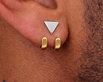Triangle Stud Wrap Earrings for Men, Gold Hoop Jacket Earrings, Geometric Triangle Studs, Minimalist Mens Earrings, Stainless Steel Earrings