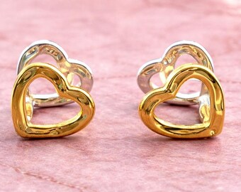 Two Tone Heart Hoop Earrings, Gold Silver Heart Earrings, Dainty Love Hoops, Minimalist Jewelry, Gift for Her, Waterproof Earrings A521