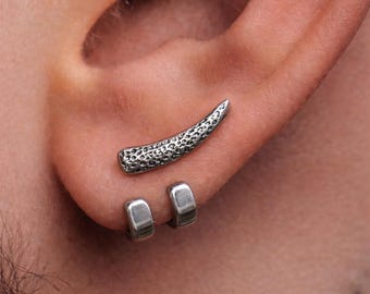 May include: Silver-toned ear jewelry set. The set includes a curved, textured ear climber and two small hoop earrings. The ear climber has a horn-like shape. The earrings are displayed on an ear.