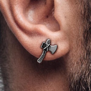Nordic Axe stud earrings as edgy axe earrings that are perfect for edgy men seeking silver mens stud earrings with a Viking touch. A358