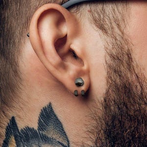 May include: A dark grey, faceted stud earring shaped like a small, irregular stone or rock, positioned in the earlobe. The earring has a matte, textured finish and a geometric, multi-sided appearance that sits flush against the skin.