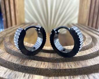 Black Machined Ridged Hoop Earrings – Men’s Black Hoops – Edgy Industrial Earrings – Ribbed Steel Hoops – Minimalist Men’s Jewelry Gift A340