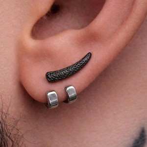 Black Horn Wrap Earrings for Men, Double Hoop Ear Jacket, Stainless Steel Stud, Edgy Alternative Mens Earrings Jewelry, B021 Silver Wraps