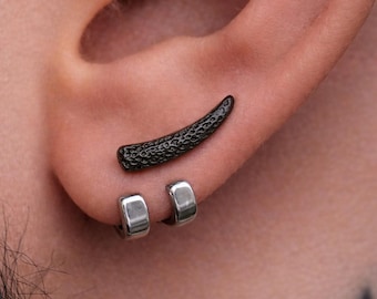 Black Horn Wrap Earrings for Men, Double Hoop Ear Jacket, Stainless Steel Stud, Edgy Alternative Mens Earrings Jewelry, B021 Silver Wraps