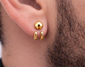 Mens Gold Wrap Earrings, Gold Stud Hoop Earrings for Men, Double Hoop Stud Earrings, Minimalist Mens Earrings, Modern Gold Earrings B018