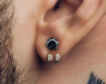 Mens Earrings - Black Gem Stud Earrings, Men, Edgy Male Earring, Black Silver, Mens Stud Earrings, Studs for Men, Black Gem earrings, A372