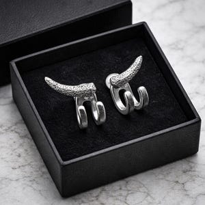 Mens Stud Earrings with Wrap Cuff – Horn Stud Earrings with Pitted Texture – 2-in-1 Earrings – Edgy Cuff Stud Set – Unique Earrings for Men