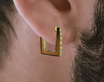 Gold Rectangle Huggie Earring, Mens Earrings, gift-for man, gift for manly man, bestfriend gift, Goldhoop, Hoop Earrings, Mens Hoops, A434