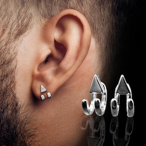 Herenoorbellen - Zilveren oorstekers, Heren, Minimalistische herenoorbellen, Sterling zilver, Herenoorstekers, Oorstekers voor mannen, V-vormige oorringen