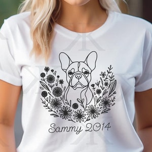 T-shirt bouledogue français fleurs sauvages, cadeau pour amoureux des chiens, imprimé floral personnalisé, cadeau fête des mères Frenchie, T-shirt personnalisé pour propriétaire de chien