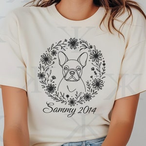 T-shirt personnalisé Frenchie et fleurs sauvages, cadeau pour amoureux des chiens, t-shirt personnalisé, haut graphique bouledogue français, T-shirt nature et amoureux des chiens