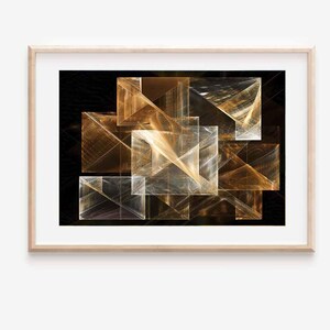 May include: Abstract art print featuring a geometric design of overlapping squares and lines in shades of gold, white, and brown against a black background. The artwork is framed in a light wood frame, suitable for home or office decor.
