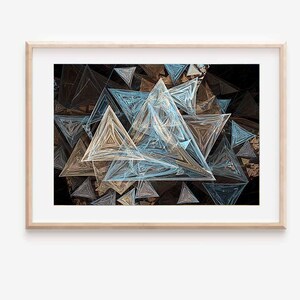 May include: Abstract art print featuring a geometric pattern of overlapping blue and brown triangles. The triangles are layered and create a sense of depth and dimension.