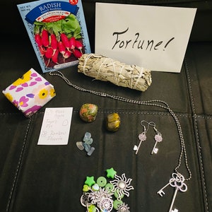 May include: A fortune telling kit with a variety of items, including a sage bundle, a necklace with a key charm, a pair of key earrings, a small bag of crystals, a small bag of beads, and a small card with the words "Moss Agate, Tiger's Eye, Rainbow Fluorite" written on it. The card also has a check mark next to the words "Tiger's Eye".