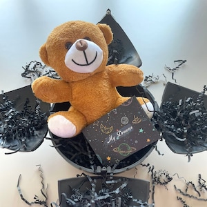 May include: A brown teddy bear sitting inside a black gift box with a black and white gift box with the text "My Dreams" on it. The box is surrounded by black shredded paper.