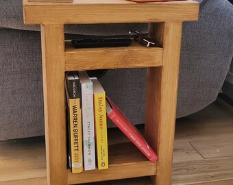 Narrow sofa end table, double shelf.