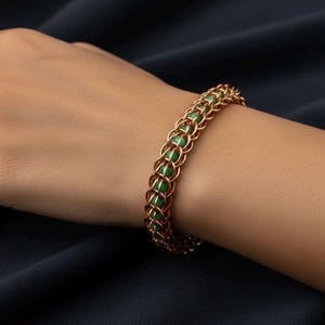 Handmade Copper Foxtail Bracelet – Green Glass Bead Chainmail Jewelry