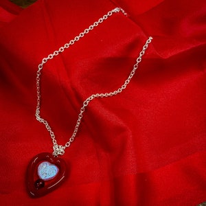 Red Heart Pendant Necklace with Pink Iridescent Heart | Romantic Jewelry | Handcrafted Necklace