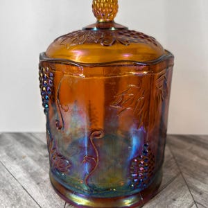 Indiana carnival glass marigold harvest candy jar