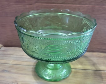 Vintage E.O. Brody Green Glass Compote Dish: Beaded Flower Design