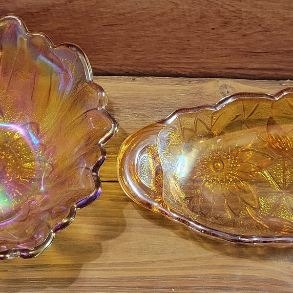 Vintage Indiana Carnival Glass Amber Oval Sunflower Serving Dish and Sunflower Bowl!