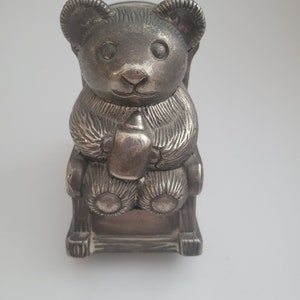 Silver plated Baby bear piggy bank starting to patina, Made in Hong Kong. Vtg