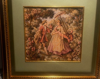 Victorian lady courting framed needlepoint tapestry