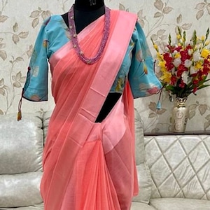 FANCY PEACH Solid Color CHIFFON  Saree with satin borders, with a stitched Designer blouse, blouse size 40