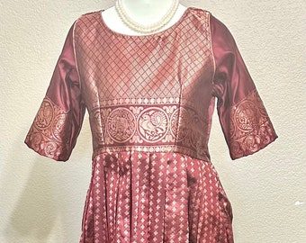 Beautiful trendy and traditional MAROON Color Soft Silk Long frock with Copper jari weave, big kanchi border 14&quot;, size 40 (L)
