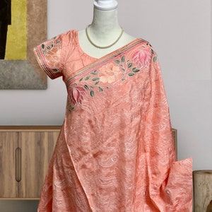 CHIKANKARI Embroidered Pure Georgette Saree in PEACH ORANGE with stitched blouse size 40