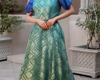 Chanderi Silk Ikkat Weave Long Frock in Sea Green and Blue, Size L (40&quot;)