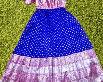 Banarasi Silk Long Gown: Blue Magenta Pink, Readymade Size 40