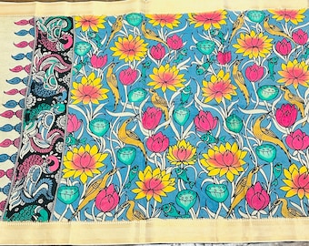 Kalamkari Dupatta, Hand Painted Silk Blend, Ethnic Indian Festive Wear