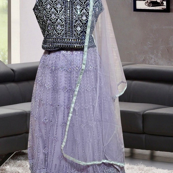 PROM/WEDDING/Party wear a Blue and Lavender  lehenga set with stone work and mirror work, size 38
