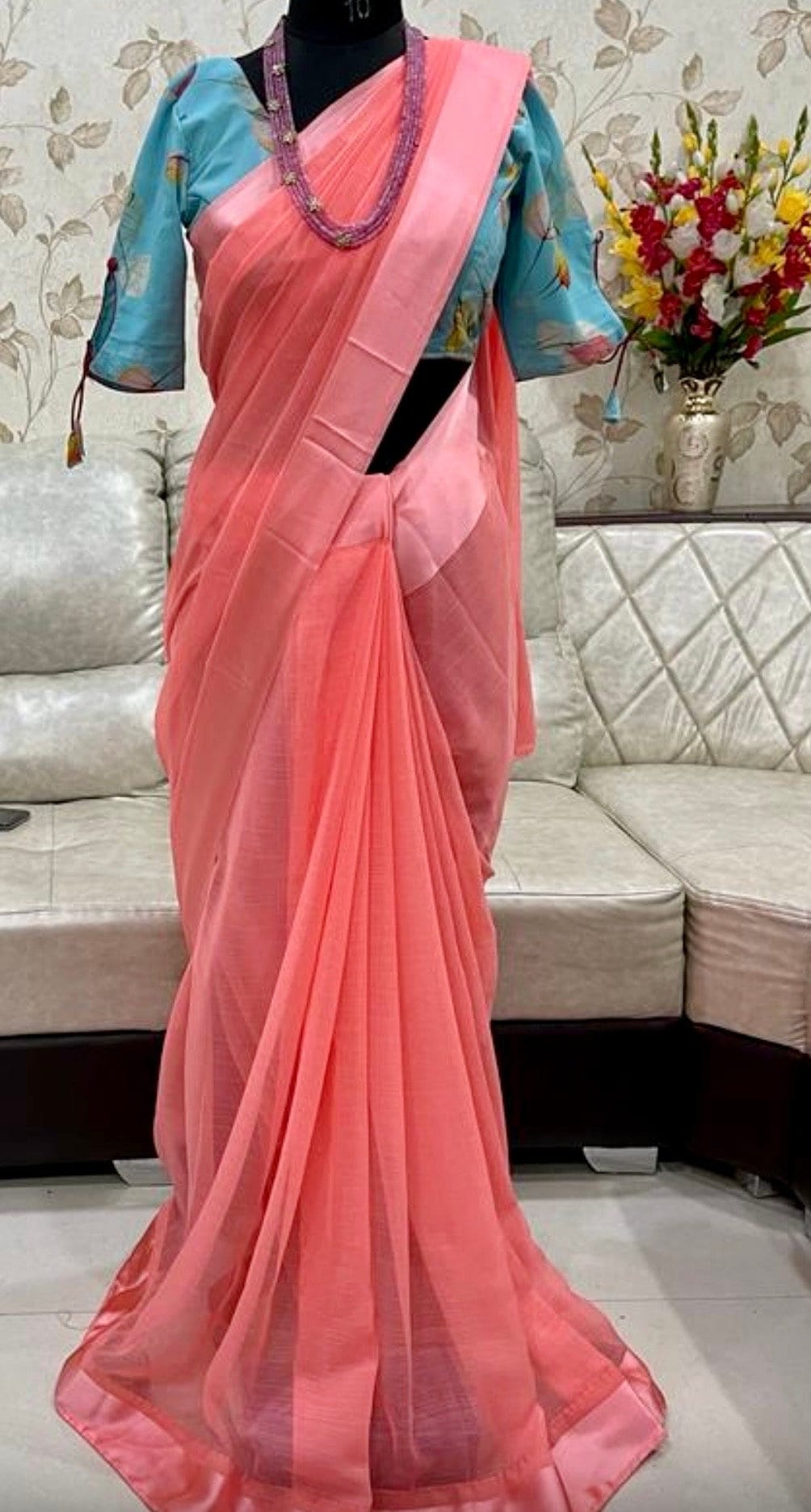 Glamming Blush Pink Colour Stitched Saree With Swarovski Work