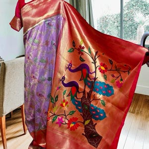 BANARAS Dupion Silk Saree in Lavender and  Pink Color with Paithani Pallu