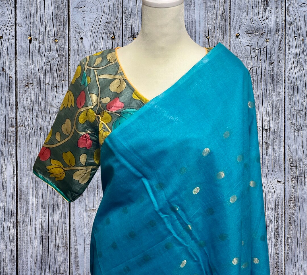 Tussar Silk Saree with Hand-Painted Style Kalamkari Print, Zari Border, and Contrast Blouse
