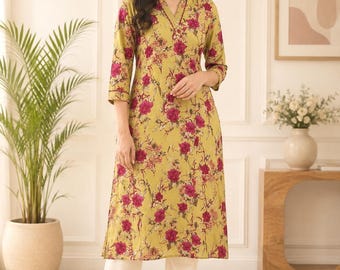 Women’s Floral Cotton Kurti | Yellow Printed Indian Tunic Top | Casual Ethnic Wear Kurta for Women | Summer Boho Kurti | XXL size