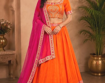 Orange Cotton Silk Lehenga Set with Embroidered Blouse & Pink Georgette Dupatta | Festive Indian Wedding Lehenga Choli for Women