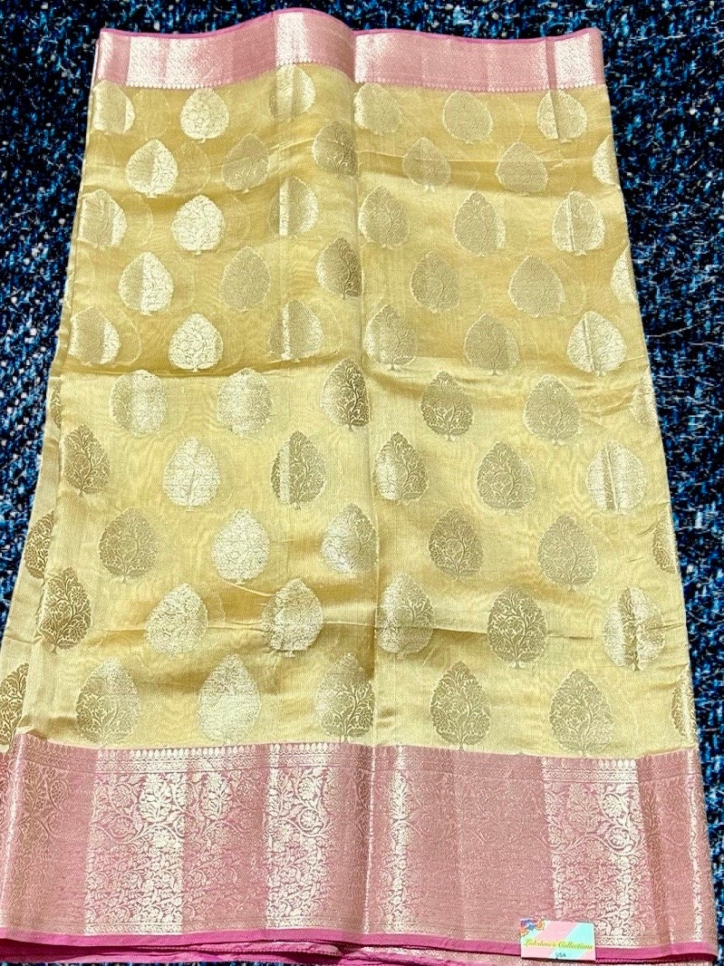 BANARAS Dupion Silk Saree in Gold and Pink Color With Gold