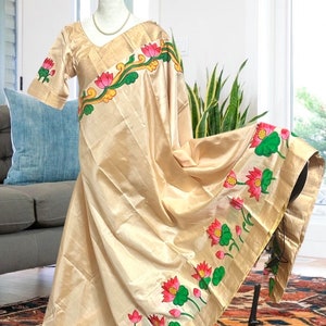 EXCLUSIVE Pure kanchi silk saree in Beige color with Tanjore hand Painting, with blouse size 40