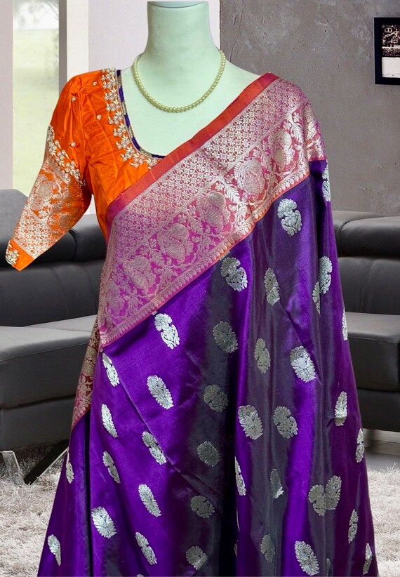 Pure VENKATAGIRI Handwoven SILK Saree, Purple, and Orange Rare Combo,silver  Zari Buties and Orange Color Border, Maggam Work Blouse Size 40 - Etsy