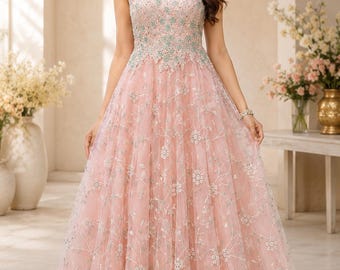 Blush Pink Embroidered Net Anarkali Gown, Floral Indian Wedding Guest Party Wear