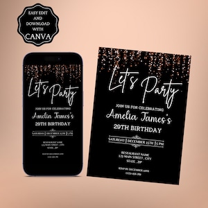 Digital Birthday Invitation , Editable Birthday Invitation, E-invite , Digital Invitation , Birthday Invitation Template , Black and Gold