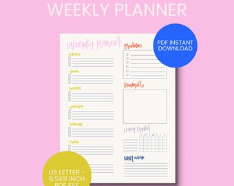 Weekly Planner Printable // priorities, daily, notes, reminders, habit tracker, tracking, future, organization, color, digital download