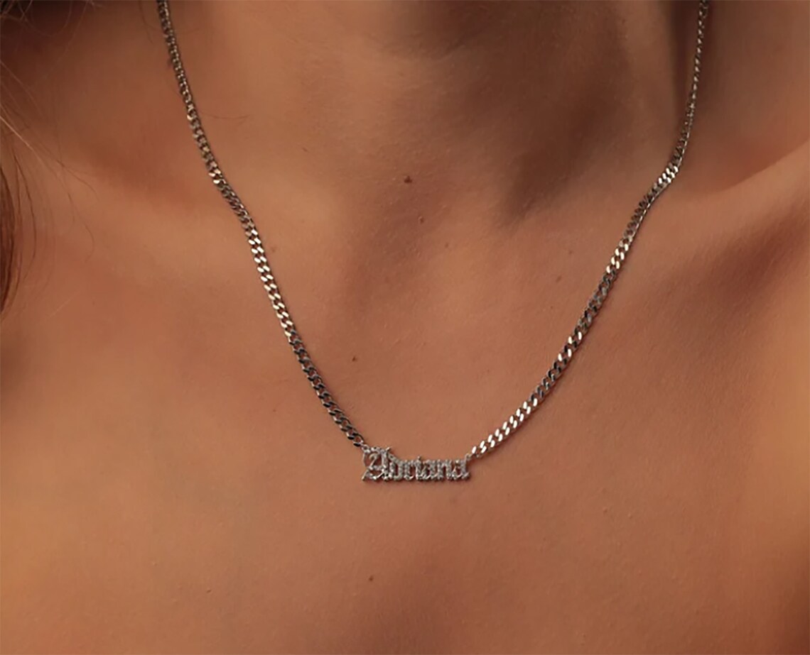 14k Solid Gold Diamond Name Necklace Old English Name Etsy